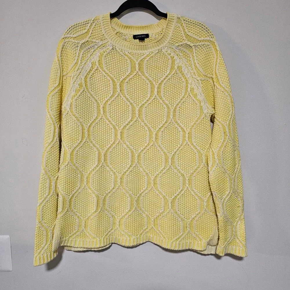 Lands End Sweater Women L Yellow White Honeycomb Chunky Cable Knit Cotton Preppy